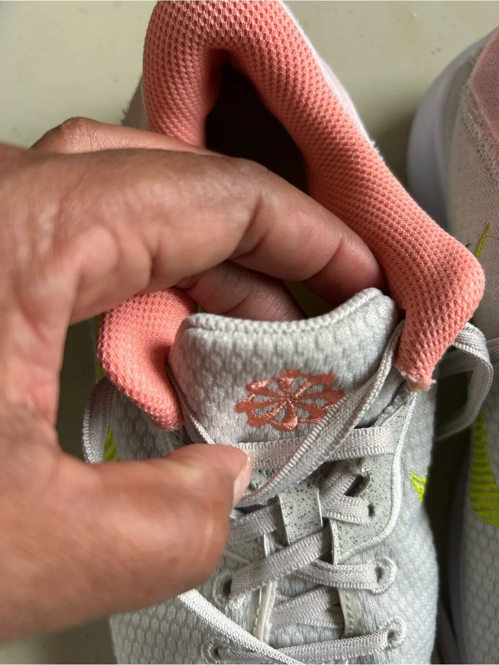 Nike Kids White Mesh Sneakers with Pink Collar and Neon Yellow Swoosh
